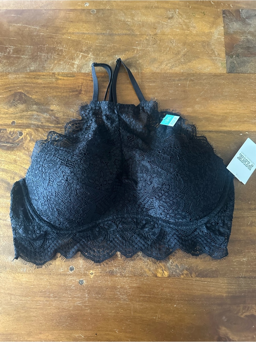 PINK Victoria's Secret Black Lace Bralette with Scalloped Hem size L (A-C) NWT